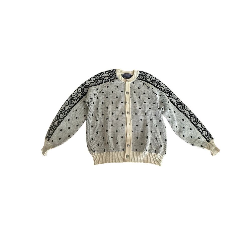 Vintage Pendleton 100% Virgin Wool Nordic Cardigan Sweater XL USA Black Ivory - Picture 2 of 11